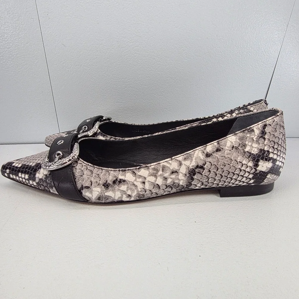 Paige Womens Snakeskin Pointed‎ Toe Alisa Flats Silver Western Buckle Grey Black